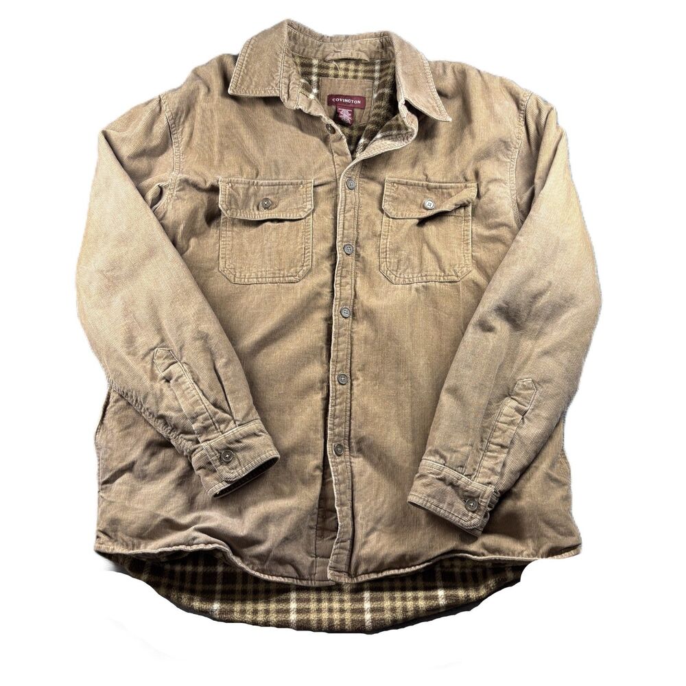Covington Men Vintage Corduroy Shacket Chore Jacket Plaid Fleece Lined Tan Large